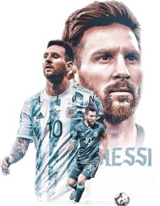 two soccer players are in front of a poster with the words messi on it