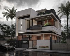 a car parked in front of a two story house with palm trees on the other side