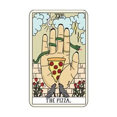 a hand holding a slice of pizza with the word the pizza written on it in front of