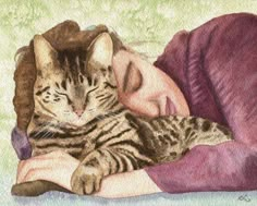 a drawing of a woman sleeping with her cat