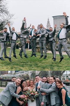 the wedding party is posing for pictures together