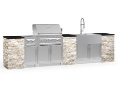 an outdoor kitchen with two sinks and grill