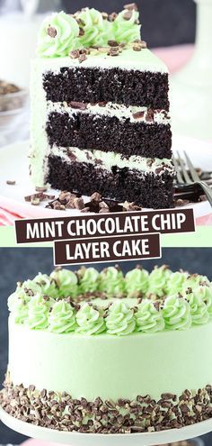 two different types of chocolate cake with green frosting on top and the same type of layer cake