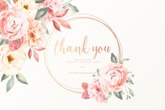 a thank card with pink flowers and greenery