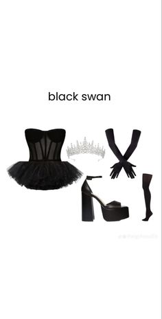 the black swan costume is shown with shoes and accessories