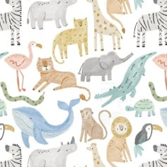 an animal themed wallpaper with zebras, giraffes and other animals