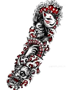 an artistic tattoo design with skulls and flowers on it's arm, in black and red