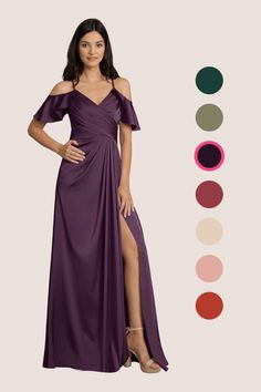 a woman in a long purple dress standing next to an assortment of color swatches