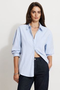 This oxford cloth shirt is designed with a relaxed fit. Features - Spread collar - Button closure - Patch pocket - Curved hem - Dropped shoulders - 2-button barrel cuffs - Inverted box pleat at back yoke Size & Fit - Relaxed fit - Stretch fabric - Model is wearing size S Materials & Care - 98% Cotton, 2% Spandex - Machine wash, cold - Imported Jeans And Button Up Shirt Women, Inverted Box Pleat, Going Out Tops, Fall Shopping, Oxford Shirt, New Tops, Trouser Pants, Patch Pocket, Stretch Fabric