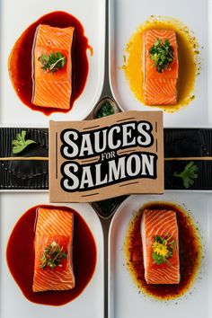 salmon on plates with sauces for salmon sign