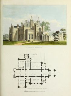 an old architectural drawing shows the front and side views of a castle