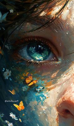 an artistic painting of a child's face with butterflies around her eyes and the image of a blue eye