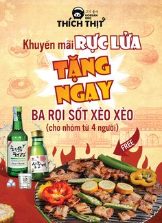 an advertisement for the thai food festival with meat and vegetables on a bbq grill