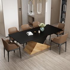 a black table with brown chairs around it