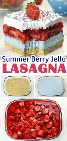 Summer Berry Jello Lasagna is easy, no-bake recipe for a light and refreshing summer treat. Jello Beach Dessert, Patriotic Jello Desserts, 4th Of July Jello Desserts, 4th Of July Desserts Cheesecake, Easy Jello Desserts, Fun Summer Desserts, Jello Lasagna, Desserts Fourth Of July, Berry Desserts