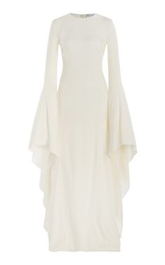 Luxury Flowy Dress With Draped Sleeves, Off White Long Sleeve Flowy Dress, Elegant Flowy Off-white Dress, Luxury White Dress With Gathered Neckline, Flowy Floor-length Maxi Dress With Draped Sleeves, Witch Wedding, Fluted Sleeves, Drape Maxi Dress, Fair Outfits