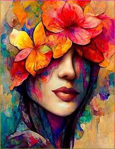 a woman's face with flowers in her hair and the image is made up of colorful