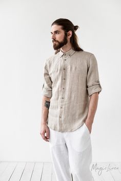 Want to surprise your dad for Father's Day? Men's linen shirt is perfect choice. This classic button down linen shirt features roll-up sleeves and is slightly fitted at the waist to compliment your body. Pair it with a blazer or jacket - this shirt can easily go from casual to formal. Lightweight and breathable, linen garments are the perfect choice for summer. Man Street Style