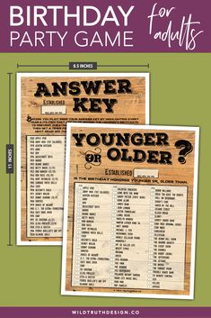 Younger Older - Printable Birthday Party Game For Adults – Wild Truth Design Co Birthday Party Games For Adults, 30th Birthday Party Games, 91st Birthday, 50th Birthday Party Games, Party Games For Adults, Birthday Games For Adults, Games For Men, Dads Birthday, Cruise Party