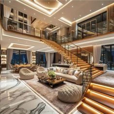 a living room filled with lots of furniture next to a spiral stair case on top of a hard wood floor