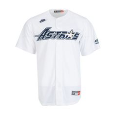 a baseball jersey with the word astros in blue and white, on a white background