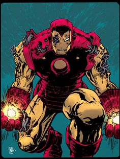 the iron man from avengers comics, with his arms outstretched in front of him and fists out