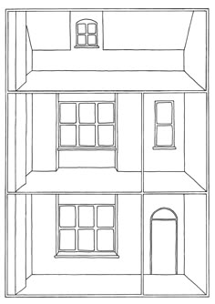 a drawing of a house with three floors and two windows on each floor, in black and white