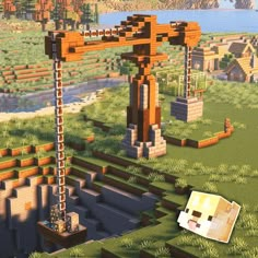 The tutorial for this video is available if you click the picture! Minecraft Minecart Ideas, Minecraft Mine Crane, Minecraft Crane Medieval, Minecraft Crane Design, Minecraft Crane, Mining Aesthetic, Minecraft Industrial, Minecraft Hus, Minecraft Bases