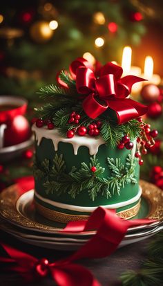 a christmas cake decorated with holly and red bows on a plate next to a lit candle