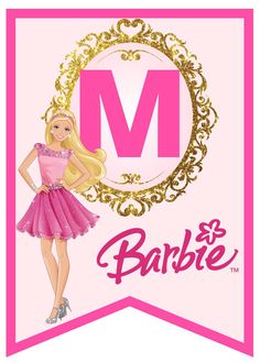 a barbie doll is standing in front of a pink and gold sign with the letter m on it