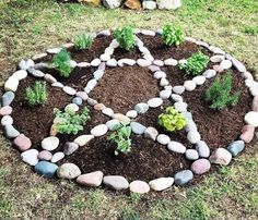 a peace sign made out of rocks and stones on the ground with plants growing in it