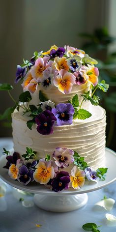 Colorful and Edible Violas for Stunning Wedding Cakes Pansy Wedding Cake, Cake Artificial Flowers, Edible Flower Cakes, Edible Flowers Cake Decorating, Birthday Cake With Real Flowers, Wedding Cake Flowers Cascade, Flower Cake Ideas, Cake With Edible Flowers