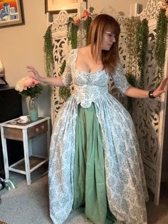 Sage green/white 18th century gown. Made with lightweight cotton fabric.  Misses size 10 Bust 36" Waist 32" Height 5'5" Listing includes petticoat and robe gown. Medieval Cottagecore, 1700s Dresses, 1700s Fashion, 18th Century Gown, 18th Century Dress, Mood Happy, Womens Costumes, 18th Century Fashion, Fantasy Closet