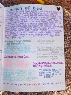 an open bible with the words women of god written in different colors and sizes on it