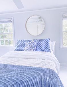 a blue and white bed in a bedroom with two windows