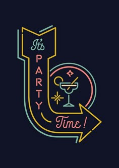 a neon sign that says it's party time with an arrow pointing to the right