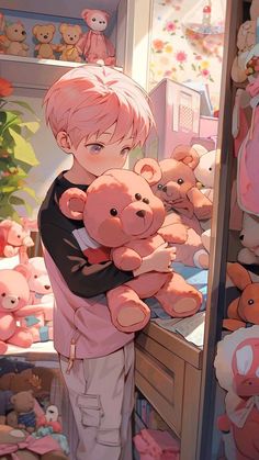 a boy is holding two teddy bears in his arms