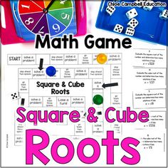 the square and cube roots game is in front of a poster with dices on it