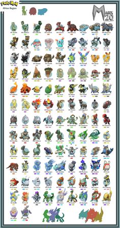 the pokemon poster is shown with all different types of monsters and their names on it