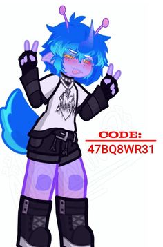 an image of a cartoon character with blue hair and black boots, holding two fingers up