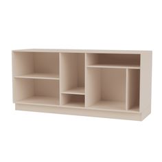 a white shelf with three shelves on each side and one section missing from the wall