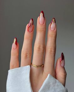 Asian Inspired Nails, Red Nails Inspo Almond, 2024 Nails Summer, Grad Nails Almond, Red Dress Nails Ideas, Cherry Red Nails Almond, Nail Almond Ideas, Nails For A Red Dress, Wedding Red Nails