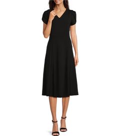 Calvin Klein Scuba Crepe Short Tulip Sleeve V-Neck A-Line Midi Dress | Dillard's Black Tulips, Calvin Klein Shorts, Tulip Sleeve, Exposed Zipper, Calvin Klein Dress, Dress 16, Calvin Klein Black, Dillard's, Work Clothes