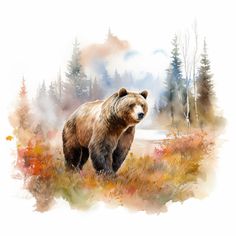 a painting of a brown bear in the woods