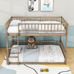 a child's bedroom with a bunk bed and toy car on the floor next to it