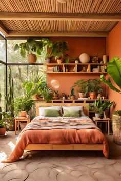 a bedroom with orange walls and lots of potted plants