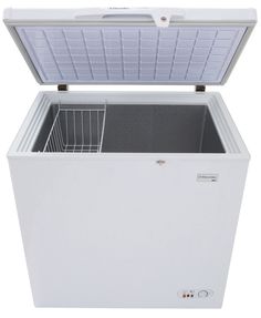 an empty chest freezer with the lid open