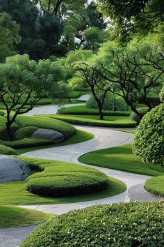 an image of a beautiful garden with green grass and trees on the sides, surrounded by bushes