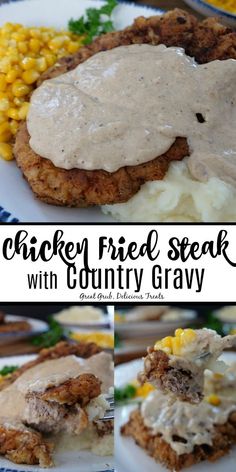 chicken fried steak with country gravy and mashed corn on the side is shown