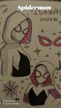 a drawing of two women with masks on their faces and the words spiderman above them